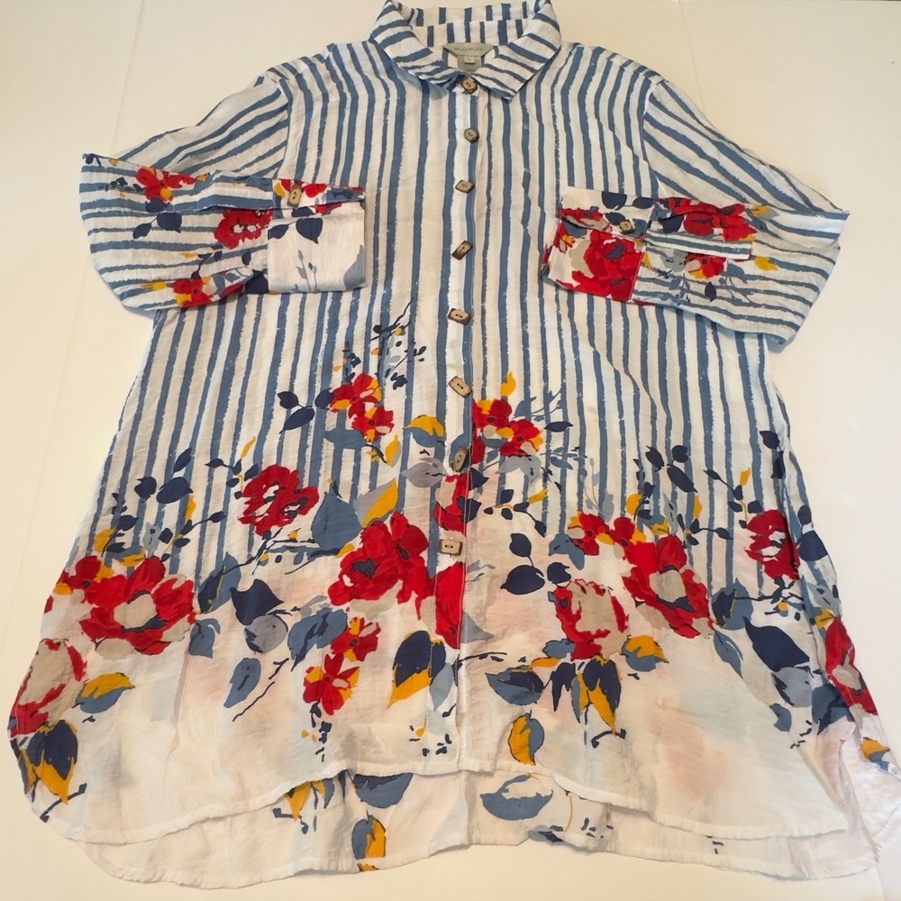 Multiples Blue & White Striped Floral Button-Up Blouse